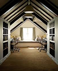 The small office has a light gray love seat and a solid wood coffee table. Tumblr Kq3p2luds51qzf5roo1 500 Attic Home Attic Home Office Attic Design