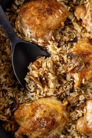 One Pot Mushroom Chicken And Rice Bake Eat Repeat Recipe Oven Chicken And Rice Chicken Thigh And Rice Recipe Recipes