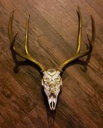 Hand Painted Tribal Deer Skull White Gold Deer Skull Art Deer Skull Decor Painted Deer Skulls