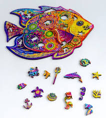 9.8 x 13 in (25 x 33 cm) — 195. Shining Fish Unidragon Wooden Jigsaw Puzzles Wooden Jigsaw Shape Puzzles