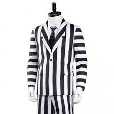 The movie upon which it is based was released in 1988 and undoubtedly retains a strong following, although it betelgeuse wears several different outfits during the course of the film but by far the best known is his black and white striped suit. Adam Beetlejuice Men Black And White Striped Suit Jacket Shirt Pants Outfit Halloween Carnival Suit Cosplay Costume