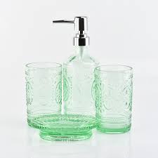 Next, look for a soap pump that plays up the chic countertop accessories, and corral any remaining odds and ends on a tray. Glass Bathroom Accessories Green Color Bathroom Sets Buy Glass Bath Accessories Sets Bath Accessories Set Glass Bath Accessories Product On Alibaba Com