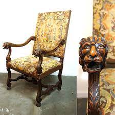 Reserved Antique Carved Lion Head Needlepoint Throne Carved Mahogany Large Scale Arm Chair Gothic Medieval Revival Original Finish How To Antique Wood Wood Carving Art Wood Carving Faces