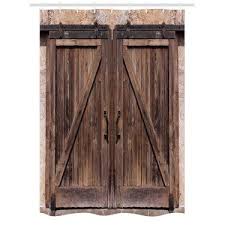 Rustic Stall Shower Curtain Wooden Barn Door In Stone Farmhouse Image Vintage Desgin Rural Art Ar Wooden Barn Doors Rustic Shower Curtains Bathroom Decor Sets