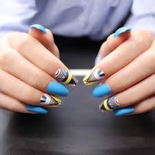 Coffin or ballerina nails are long ones with a square top, and these are the best ones to show off your nail designs and arts. Misud Ballet Fake Nails 24pcs Blue Matte Geometric Patterns Medium Length Ballerina Coffin Nails Stylish Press On Acrylic Nails For Office Lady And Prom Model Buy Online In Faroe Islands At Faroe Desertcart Com Productid