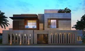 Included are front, rear, left and right side views of the exterior of the house. 1000 M Private Villa Aldahya Kuwait Sarah Sadeq Architects Facade House Compound Wall Design Villa Design