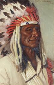 Detail of a painting by American artist Joseph Henry Sharp (1859–1953).  Sharp was known for his portraits of Native American subjects. The specific  individual depicted may be known by several names across