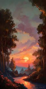 Sunset Forest River Anime Scenery Landscape Paintings Landscape Art Landscape