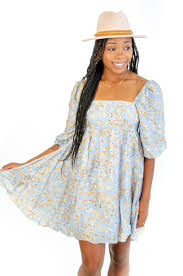 Blooming Blue Floral Puff Sleeve Dress Babydoll Dress L Mae Boutique L Mae Boutique