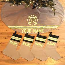 Fire department logo firefighter christmas stockings with short white plush cuff, xmas party stockings fireplace hanging ornaments candy gift bags for family holiday decoration supplies. Tan Holiday Tree Skirt Includes 4 Matching Stockings Like Firefighter Turnout Bunker Gear With Maltese Cross And Name Of Your Choice Fully Involved Stitching