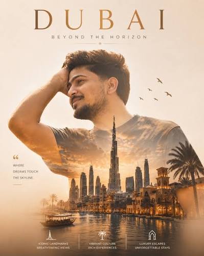 Modern Travel Poster Design — Dubai Beyond the Horizon Double Exposure Poster