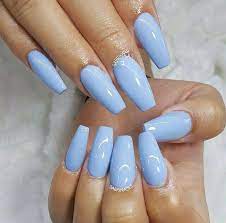 Light blue coffin nails with white glitter new expression. Short Coffin Baby Blue Gel Nails Blue Gel Nails Blue Acrylic Nails Nails Inspiration
