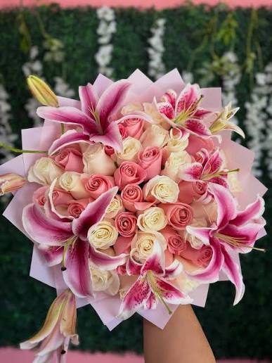 Congratulations flower basket with lilies and gerberas