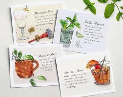 Cocktail Recipes Illustrated Postcard Watercolor Postcards Food Illustration Recipe Card Set Of 4 Food Illustrations Recipe Cards Watercolor Postcard