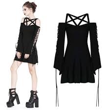 This Gothic Mini Dress Features A Pentagram Pattern Formed With The Shoulder And Neck Straps It Has Bell Sleeves Grunge Fashion Outfits Fashion Girly Outfits