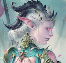 Pale one, art, luminos, astri lohne, horns, demon, fantasy, girl, amethyst  eyes, HD wallpaper