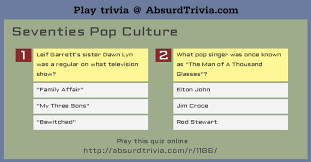 Sep 01, 2021 · here are 80 fun pop culture trivia questions with answers, covering the kardashians, music, tv, movies, and celeb trivia. Trivia Quiz Seventies Pop Culture