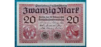1918 Darlehnskassenschein Zwanzig Mark F1643486 All Notes Marks Bank Notes