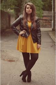 Yellow Dress Black Leather Black Tights Perfect Fall Outfit Perfect Fall Outfit Black Tights Mustard Tights