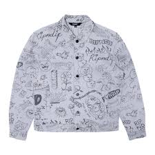 Blue cotton crystal embellished denim jacket from philipp plein featuring a classic collar, a front button fastening, two chest patch pockets, a the lapels have ripped strips of a medium blue floral fabric with blanket stitching. Jackets Shop All Ripndip Jackets Ripndip Com Ripndip