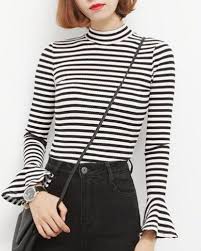 Black And White Striped Tops Womens Black And White Striped Trumpet Sleeve T Shirt High Collar High Collar White Stripes Top Black Stripes Tops