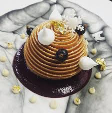 Le Mont Blanc A Chestnut Cream Dome With Black Currant Coulis And Meringue Of Yuzu At L Atelier De Joel Robuchon In London Pastry Desserts Chestnut Cream