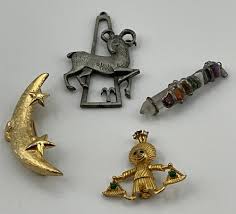 Lot 4 Vintage Pendants, Pins, Houdini Libra?, Chakra Crystal, Moon/stars  Pin, Ram Aries Pendant, Astrology, #1719