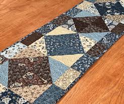 Quilted Blue Tan And Brown Patchwork Table Runner Quilted Blue And Brown Table Runn Fabric Table Runner Quilted Table Runners Christmas Quilted Table Runners