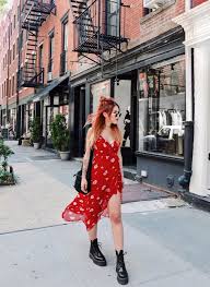 Red Floral Print Asymmetric Dress Black Lace Up Platform Boots Black Shoulder Bag Sunglasses Choker Summer Fashion Casual Dress Outfits Casual Summer Outfits