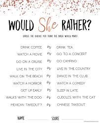 Would She Rather Bridal Shower Game Rose Gold Confetti Printable Game What Would The Bride Do Bridal Games Rose Gold Bridal Shower Bridal Shower Printables