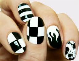 Black And White Nail Art Design Black White Checker Stripe N Flame Black Nail Designs White Nail Designs Black And White Nail Designs