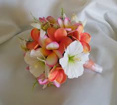 Frangipani Plumeria Orchid And Hibiscus Bouquet Destination Beach Wedding Hibiscus Bouquet Hibiscus Wedding Beach Bouquet