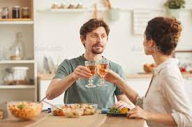 Couple Having Dinner At Home Dinner Eat Bar Set Up