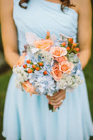 Baby Blue Bridesmaids With Peach Flowers In Bouquet By Preston Richardson Photography Light Blue Wedding Blue Wedding Spring Wedding Bouquets