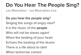 It is the music of the people who will not be slaves again! Blessed Bkind21anthr On Ig Abuseofpower On Twitter Do You Hear The People Sing Reprise Lyrics Https T Co Acmsxvb3sd Via Youtube Gstephanopoulos Free2b T