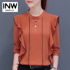 Yeni 2017 Sonbahar Kadin Tops Ruffled Uzun Kollu Sifon Bluz Mujer Moda Bayanlar Gomlek Pembe Sari Haki Mavi Blusa Feminino Sifon Bluzlar Moda Bluz