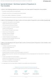 Quiz Worksheet Nonlinear Systems Of Equations In Two Variables Study Com