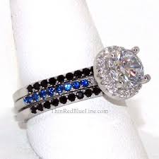 Thin Blue Line Engagement Halo 3 Ring Set Sterling Silver 6 5mm Cz With Round Accents Morganite Engagement Ring Rose Gold Rose Gold Bridal Set Rings Unique Diamond Engagement Rings