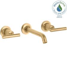 Kohler Purist 8 In 2 Handle Low Arc Wall Mount Water Saving Bathroom Faucet Trim Only In Vibrant Brushed Nickel K T14413 4 Bn The Home Depot Bathroom Faucets Kohler Purist Wall Mount Faucet Bathroom