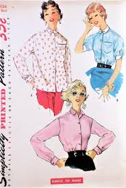 Cute 1950s Shirt Blouses Pattern Simplicity 4854 Three Styles Secretary Shirt Puffy Sleeve Peter Pan Short Sleeve Vintage Sewing Pattern Womens Blouse Pattern Shirt Blouse Pattern Vintage Sewing