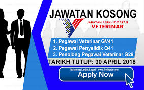 Jabatan perkhidmatan veterinar sarawak mempelawa warganegara malaysia (anak kelahiran negeri sarawak) yang berumur tidak kurang daripada 18 tahun pada tarikh tutup iklan jawatan dan memenuhi syarat kelayakan seperti ditetapkan dalam skim perkhidmatan sistem saraan malaysia (ssm) termasuk mereka yang sedang berkhidmat dalam perkhidmatan awam negeri sarawak (pans) untuk memohon bagi mengisi. Kerja Kosong Jabatan Perkhidmatan Veterinar 30 April 2018 Jawatan Kosong Kerajaan Swasta Terkini Malaysia 2021 2022