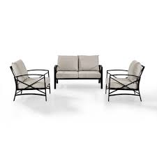 What outdoor sofa material options are there? Crosley Kaplan 3 Piece Metal Patio Outdoor Seating Set With Oatmeal Cushion Loveseat 2 Outdoor Chairs Ko60011bz Ol The Home Depot