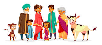 National animal of india is the royal bengal tiger.it is one of the most elegant and graceful carnivores animal found in the indian subcontinent region. Indian Family Vector Illustration Of People In Hindu National Clothes Cartoon Indian Characters Of Mother Woman In Saree And Father Man With Children Boy And Girl Or Grandparents And Pets Stock Vector