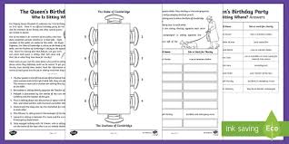 A fun educational brain game workbook for kids with answer sheet: The Queen S Birthday Party Who Is Sitting Where Maths Puzzle Answers Go