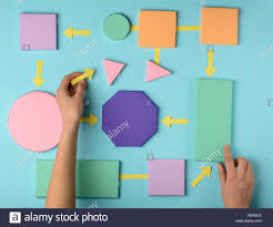 Woman Making A Flow Chart Color Paper 3d Blocks Connected