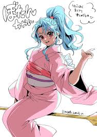 nyapon, botan (yu yu hakusho), yuu yuu hakusho, absurdres, commentary  request, highres, translation request, 1girl, arm up, blue hair, broom,  broom riding, dated, high ponytail, japanese clothes, kimono, looking at  viewer, obi, pink eyes, pink kimono ...
