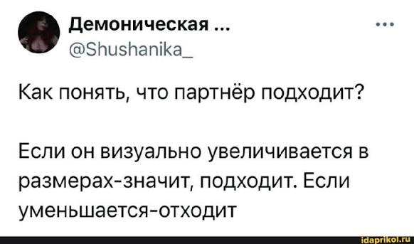 Демоническая Как понять, что партнёр подходит? Если он визуально увеличивается в размерах-значит, подходит. Если уменьшается-отходит - АйДаПрикол