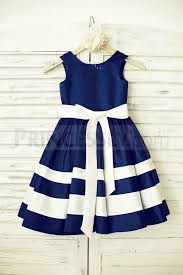 Navy Blue Satin Ivory Striped Flower Girl Dress Flower Girl Dresses Taffeta Wedding Flower Girl Dresses Little Girl Dresses