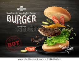Hamburger Ads Design On Blackboard Background In 3d Illustration Funny Fast Food Food Poster Design Roast Beef With Vegetables