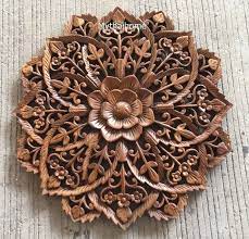 Round Mandala Carved Wood Wall Art Lotus Flower Teak Panel Etsy Carved Wood Wall Art Wooden Wall Art Panels Wood Wall Art